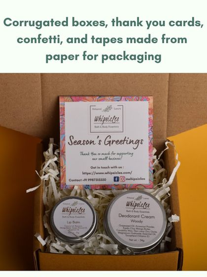 Our packaging is plastic-free from start to finish. We use sturdy corrugated boxes, thank you cards made from recycled paper, and paper-based confetti and tape to secure your order.