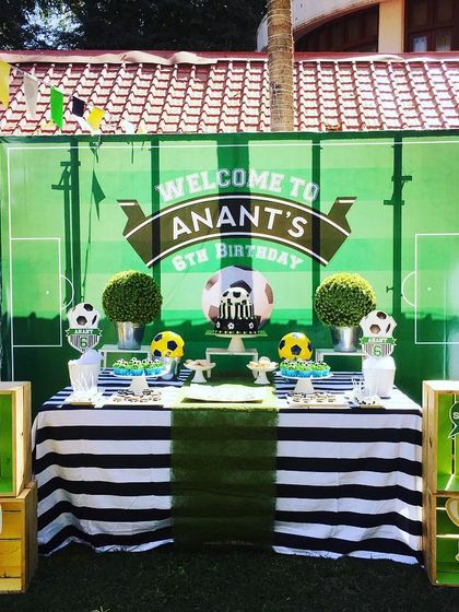 A goal-worthy soccer-themed 6th birthday party. The backdrop looked like a stadium, and the dessert table was ready for a team of champions.