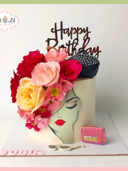 A fabulous fashion-forward cake for Sobia's birthday. This design features a hand-painted illustration, fresh flowers, and edible designer accessories from Moschino.