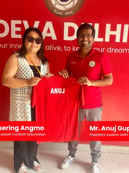 A moment of collaboration. Our President presents a personalized Sudeva jersey to the Secretary of the Ladakh Football Association, cementing our strong relationship.