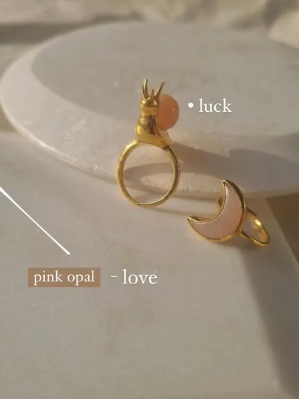 My 'snáil' rings in rose quartz for love and peach moonstone for luck. Which energy do you need more of?
