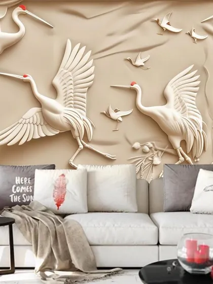 A beautiful 3D embossed wallpaper of flying cranes, symbolizing grace and longevity. The neutral color makes it a sophisticated choice for any room.