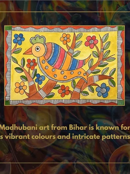 A classic example of Madhubani art, known for its vibrant colors and intricate patterns that often depict nature.