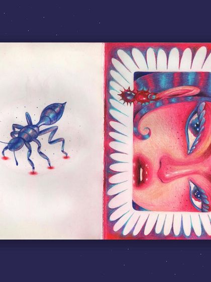 A sketchbook spread featuring a surreal, framed portrait next to a drawing of an ant.