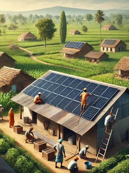 An illustration of a solar-powered village. This is my vision: empowering rural India with clean, sustainable energy. My black monocrystalline panels are perfect for high-efficiency rural installations.