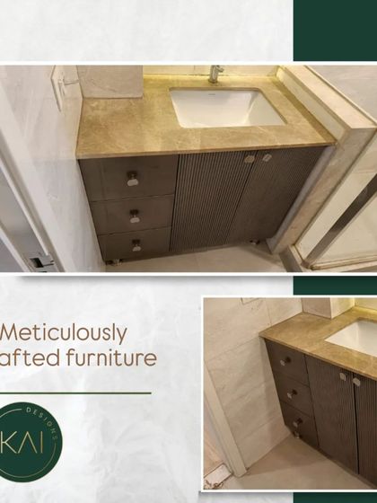 A collage showing different angles of the custom bathroom basin storage, highlighting its meticulous craftsmanship and how it fits perfectly into the space.