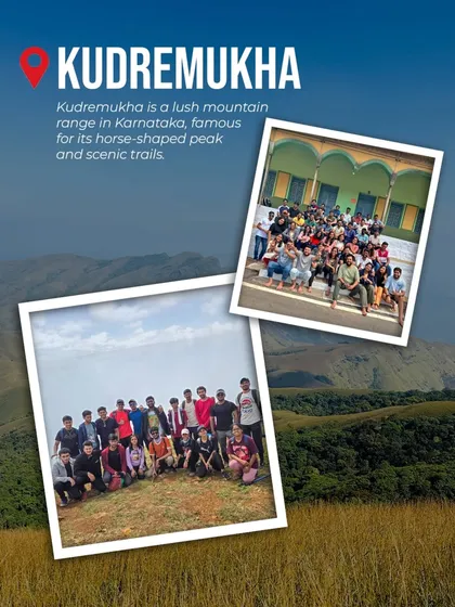 A graphic for our Kudremukh trek, showcasing the lush mountain range and happy trekkers.