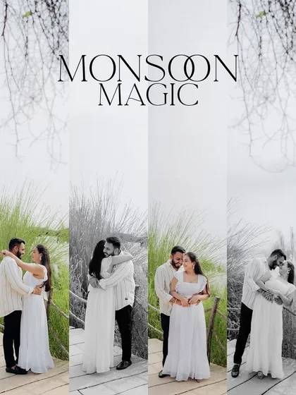 A "Monsoon Magic" collage capturing the romantic mood of a shoot during the rainy season, with a mix of color and black and white images.