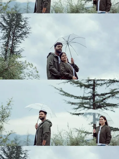 Overcast, rainy days provide beautiful, soft light that is perfect for portraits. This collage shows how we pose couples both together and individually in these conditions, using a simple umbrella as a prop to add to the story of a cozy day in the mountains.