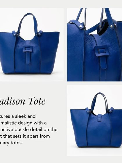 The Madison Tote, featuring a sleek and minimalistic design with a distinctive buckle detail on the front that sets it apart from ordinary totes.
