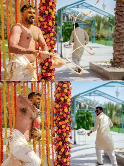 The chase is on! A fun and dynamic shot from a Haldi ceremony where things got a little wild. Capturing the action and energy of these moments is part of what makes wedding stories so great.