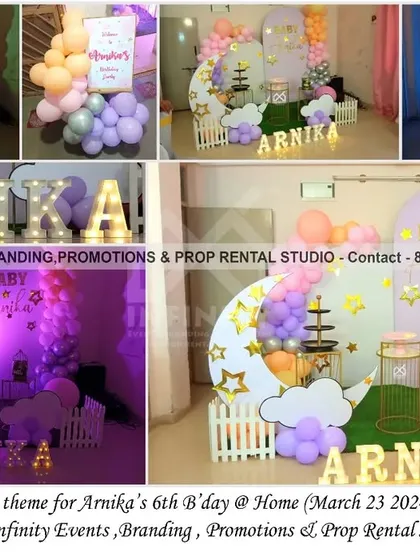 A dreamy "Twinkle Twinkle Little Star" theme for Arnika's 6th birthday celebration at home. This popular setup includes a custom moon and star backdrop, soft pastel balloons, and personalized light-up letters, perfect for creating a magical ambiance.