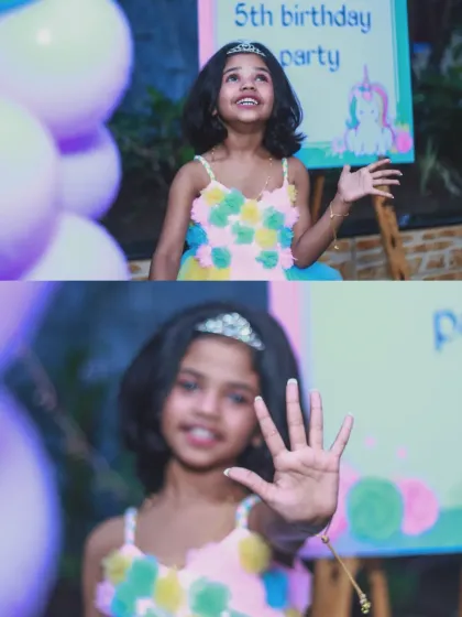 Two portraits of the birthday girl, showing her excitement for her 5th birthday party. These photos perfectly capture the pride and joy of reaching a new milestone.
