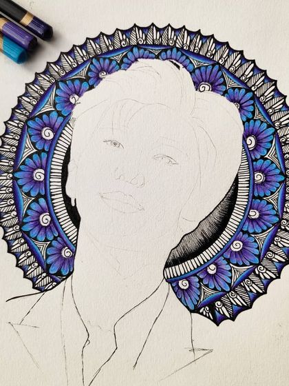 The first WIP of the Kim Namjoon portrait, showing the intricate mandala background fully completed before starting the portrait.