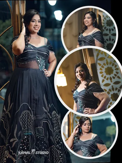 A collage of the bride in her stunning black evening gown, showcasing her glamorous look for the cocktail night.