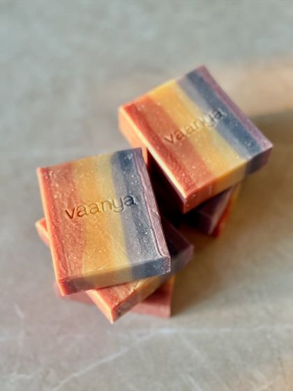 Stacks of our fruity and spicy Rainbow Artisan Soaps, ready to bring some color to your shower. The blend of cranberries, nutmeg, and citrus is perfect for an uplifting cleanse.
