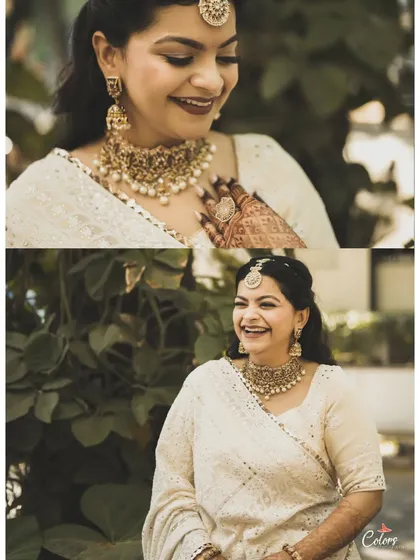 A collage of a bride in a beautiful white saree, capturing her joyful expressions and elegant jewelry.