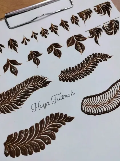 Practice makes perfect. This sheet shows drills for creating different types of leaves and vines, from simple strokes to complex, feathery patterns. These are essential filler elements in many designs.