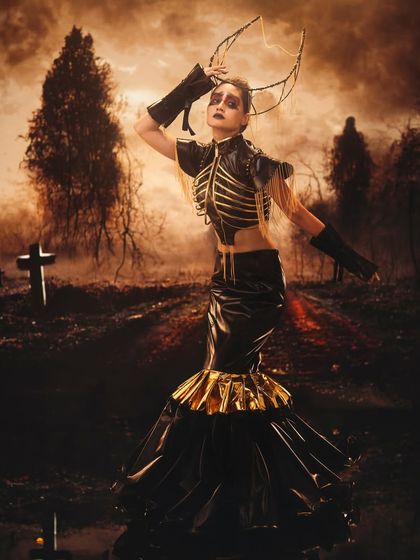 A spooky, gothic graveyard scene, created with projection. This demonstrates the incredible versatility of the technique, allowing me to create highly conceptual and fantasy-driven fashion editorials.