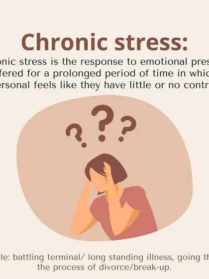 Chronic stress is long term pressure where you feel you have little control, such as from a long standing illness or difficult personal situation.