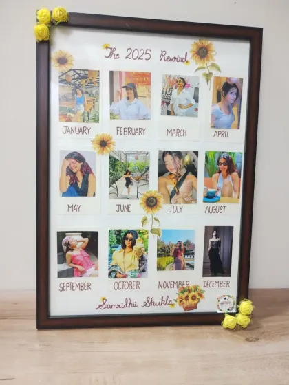 A '2025 Rewind' calendar frame made for actress Samridhii Shukla. It features a photo for each month of the year, all tied together with a lovely sunflower theme.