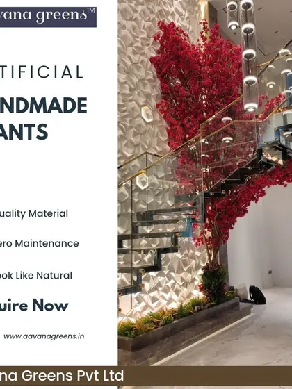 We love making bold statements. This large, handmade red tree was custom-built to bring a dramatic pop of color and artistry to this beautiful home's staircase, showing that greenery can be a work of art.