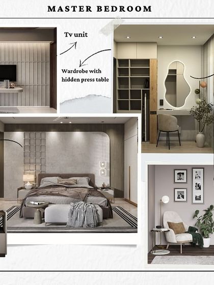 A mood board for a master bedroom, detailing a study table, a wardrobe with a hidden press table, and a back wall with CNC cut and Duco paint finish. This is the blueprint for creating a personalized and luxurious sanctuary.