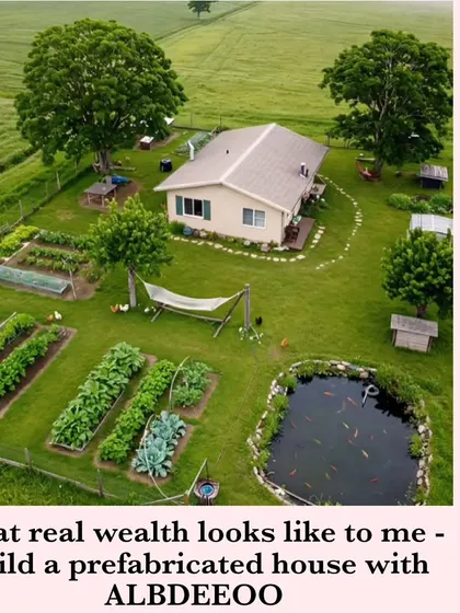 This image captures the idea of "real wealth": a self-sufficient lifestyle with a beautiful prefab farmhouse, a vegetable garden, and a pond. We can help build that dream.