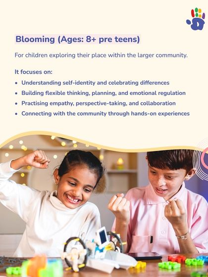 The "Blooming" module of our Bridges to School Program is for pre-teens aged 8 and up. It focuses on building self-identity, flexible thinking, empathy, and collaboration, helping children find their place within the larger community through hands-on experiences.