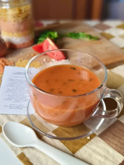 A warm cup of my Lentil and Macaroni Soup, ready to be enjoyed. It’s the perfect savoury treat for a cold winter evening, offering a taste of homemade comfort without the hassle.