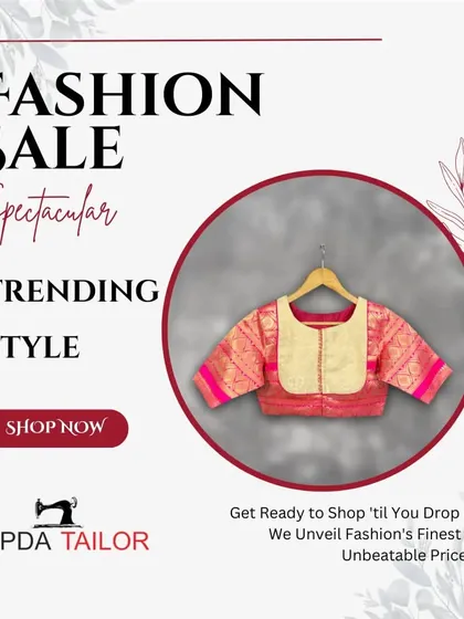 Fashion Sale. A graphic announcing a spectacular sale on our trending styles, featuring a beautiful pink and gold brocade blouse.