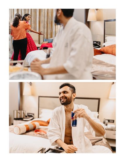 A fun collage showing the groom relaxing in a bathrobe while the bride gets ready in the background. It's these unconventional, authentic moments that we love.