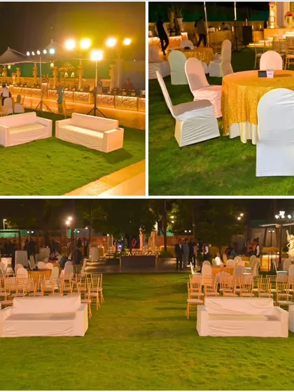 The outdoor seating arrangement for a large reception, featuring a mix of round tables and comfortable lounge-style sofas for guests.