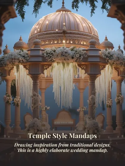 A "Temple Style Mandap" draws inspiration from traditional Indian architecture. This highly elaborate design is perfect for a grand, heritage-themed wedding.