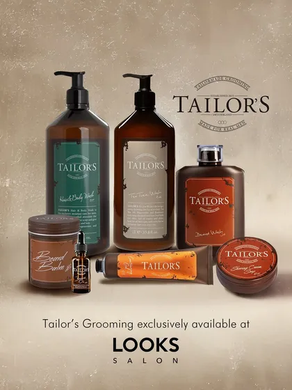 I am thrilled to offer the Tailor's Grooming line exclusively at my salon. This image showcases their premium range of products, from beard oils and balms to hair styling creams and washes, all designed for the modern gentleman.