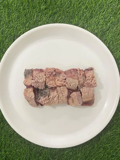 A clear view of the buffalo lips, cut into chunks. This is a great addition for textural variety in a raw diet.