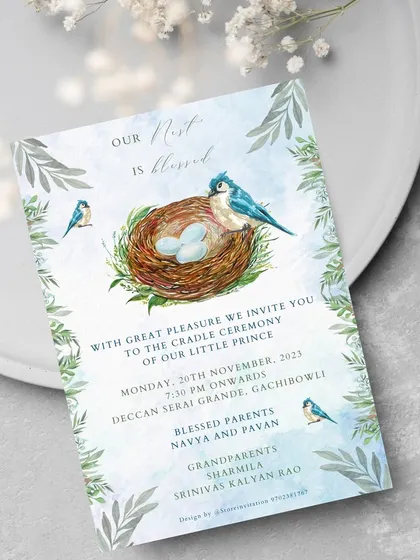 Announcing a new life is a moment of pure joy. This gentle watercolor invitation for a cradle ceremony uses the sweet "Our Nest is Blessed" theme to welcome a precious little prince, blending soft colors and nature-inspired art.