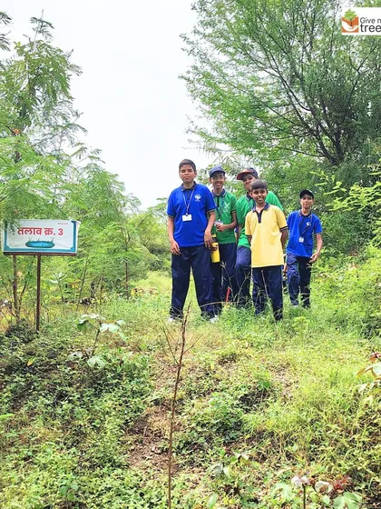 Students stand near a sign marking a section of the plantation site. These markers help in managing the site and tracking its growth over time.