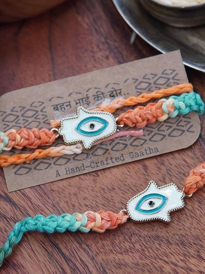 The Hamsa Rakhi set, another one of my intricately handcrafted designs.