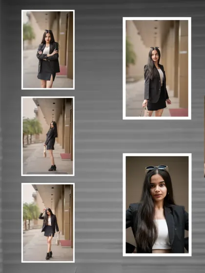 A vertical collage of different moments from the shoot, showing a range of poses from confident stances to close-up portraits.
