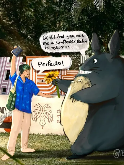 The conversation continues. Totoro negotiates for a sunflower sketch in return for the novel. A fun little comic strip I made after visiting the literature festival.