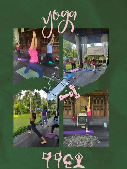 A collage of our yoga sessions in Bali. We practice in beautiful open-air shalas, surrounded by nature, allowing you to fully immerse yourself in the practice.