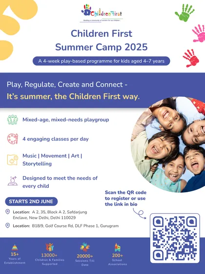 Our summer camps are designed the Children First way: a play-based program for kids aged 4-7. This poster gives a snapshot of our mixed-age, mixed-needs playgroup, where we use music, movement, art, and storytelling to help every child play, create, and connect.