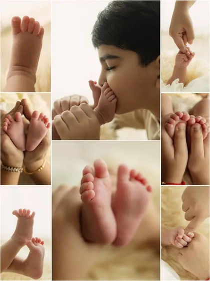A collage of details from a newborn session, focusing on the tiny hands and feet and the first interactions with family. It’s a beautiful summary of those early days.
