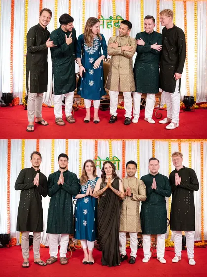 A collage of the bride and groom with their friends from different cultures, all dressed in traditional Indian attire for the Mehendi ceremony.