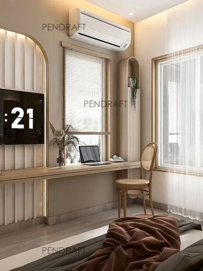 The opposite wall of the Zen-themed bedroom, featuring a floating desk that doubles as a TV console, set against a fluted panel wall for added texture and interest.