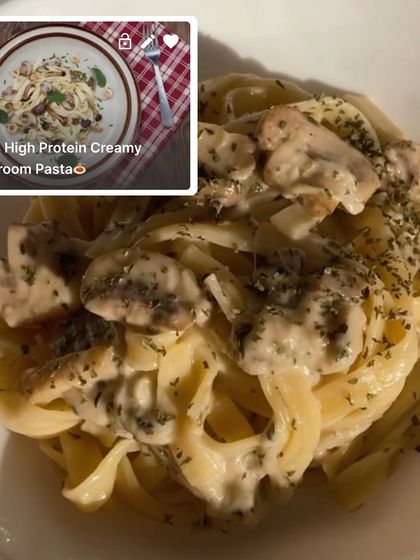 A close-up of my high-protein creamy mushroom pasta. This is a staple from my meal plans and a perfect example of a satisfying, low-calorie dinner.