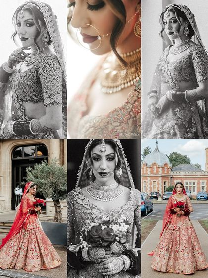 A collage of the bride's portraits in her traditional red wedding lehenga, mixing color and black-and-white shots to create a timeless and regal look.