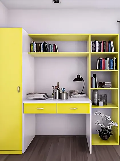 A compact and vibrant study unit in bright yellow and white. This design integrates a desk, bookshelf, and a slim wardrobe, making it a perfect all-in-one solution for a student's room.