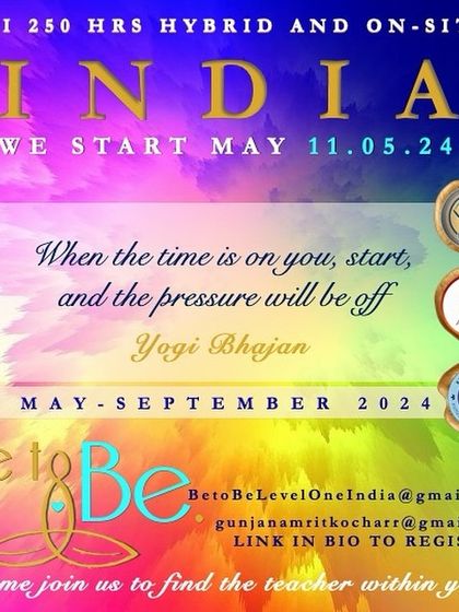 An announcement for the Kundalini Yoga Level 1 Teacher Training in India. This KRI-certified 250-hour hybrid course is your chance to master your mind and body and find the teacher within you.